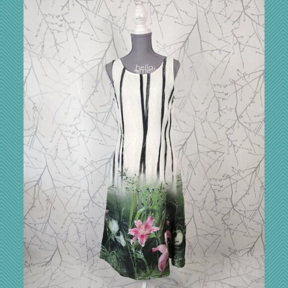 Tuzzi Artsy Floral Print 100% Linen Sleeveless Long Midi Dress